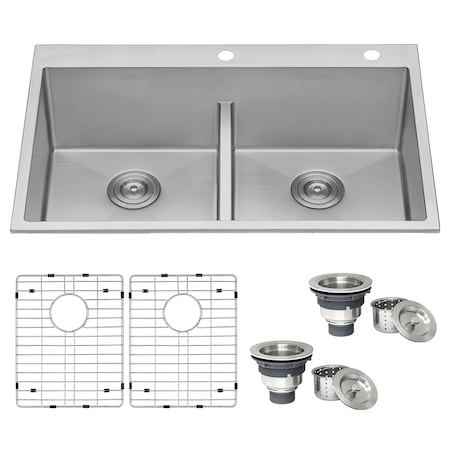 Ruvati 33"x22" Drop-in 50/50 Dbl Bowl Tight Radius 16 Ga SS Kitchen Sink RVH8051